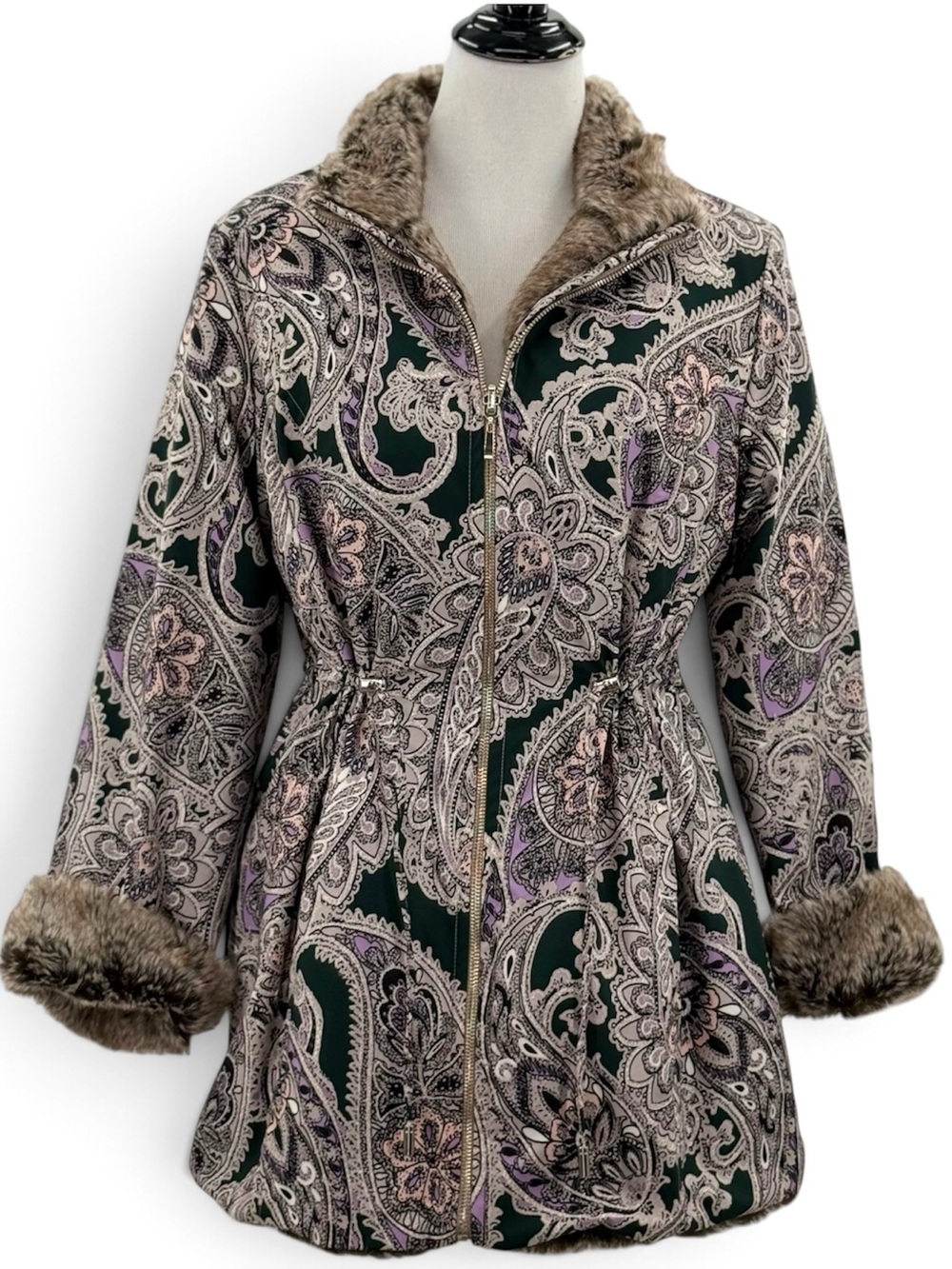 Chico’s Reversible Paisley Faux Fur Coat Jacket Black Taupe Size 1 8/10